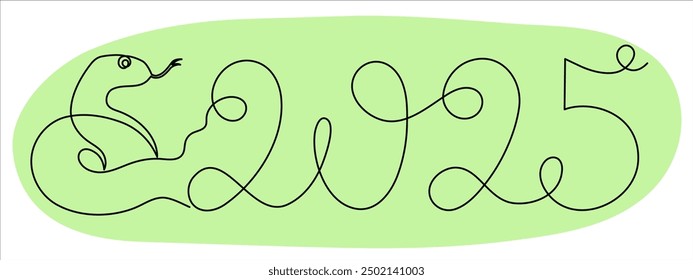 2025 year of snake one line art, hand drawn continuous contour.Holiday concept,festive New year chinese astrological horoscope, poisonous reptile serpent outline.Editable stroke.Isolated.Vector