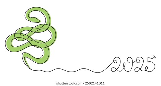 2025 year of snake one line art, hand drawn continuous contour.Holiday concept,festive New year chinese astrological horoscope, poisonous reptile serpent outline.Editable stroke.Isolated.Vector