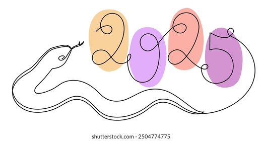 2025 year of snake one line art, hand drawn continuous contour.Holiday concept,festive New year chinese astrological horoscope, poisonous reptile serpent outline.Editable stroke.Isolated.Vector