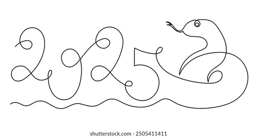 2025 year of snake one line art, hand drawn continuous contour.Holiday concept,festive New year chinese astrological horoscope, poisonous reptile serpent outline.Editable stroke.Isolated.Vector