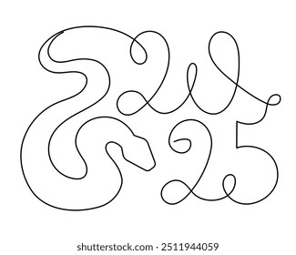 2025 year of snake one line art, hand drawn continuous contour.Holiday concept,festive New year chinese astrological horoscope, poisonous reptile serpent outline.Editable stroke.Isolated.Vector