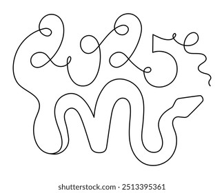 2025 ano de cobra uma arte de linha, desenhado à mão contorno contínuo.Conceito de férias,horóscopo astrológico chinês festivo ano novo, contorno de serpente réptil venenoso.AVC editável.Isolated.Vetor