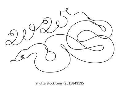 2025 ano de cobra uma arte de linha, desenhado à mão contorno contínuo.Conceito de férias,horóscopo astrológico chinês festivo ano novo, contorno de serpente réptil venenoso.AVC editável.Isolated.Vetor