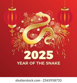 2025 Year of the Snake poster with golden snake on a red background vector illustration. Golden shiny abstract snake, lanterns, fireworks on a red background. Chinese New Year 2025 greeting card