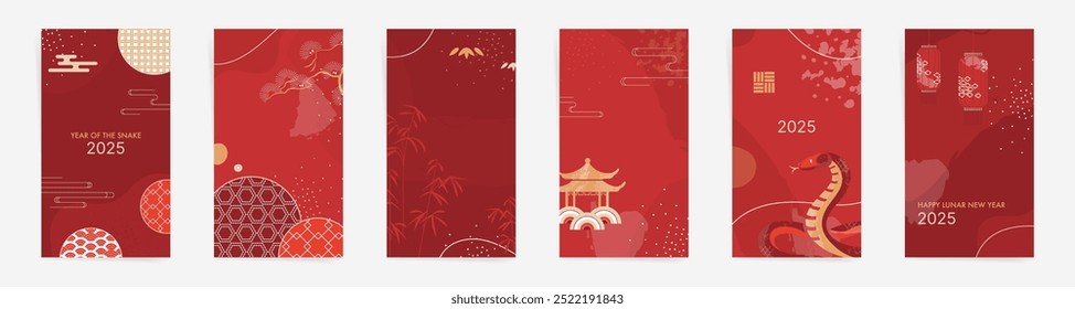 2025 Ano da Coleção Snake Premium Backgrounds: Modelos luxuosos vermelhos e dourados com desenhos abstratos naturais com nuvens, círculos e ornamentos. Posts, Histórias, Panfletos de Ano Novo Chinês.