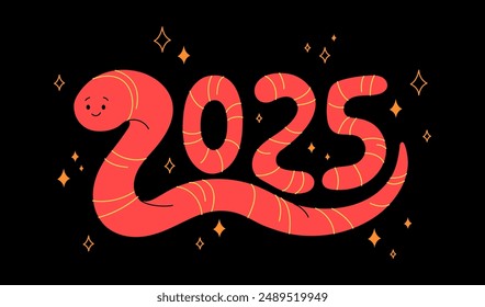 2025 year Snake symbol. Cute smiling snake with doodle elements in trendy colors. Adorable Lunar New Year character. Vector illustration. 2025 numbers Chinese horoscope, oriental zodiac calendar.