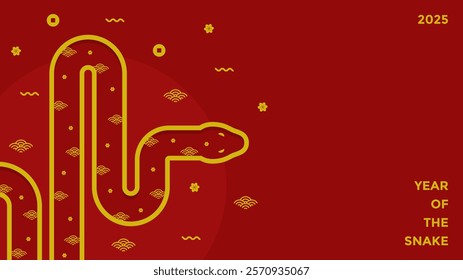 2025 Year of the snake template background with copy space on red. Chinese Lunar New Year simple greeting background with geometry snake