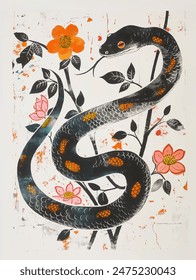 2025 Año de la Ilustración vectorial de la Serpiente. Elegante serpiente rodeada de hermosas flores. El diseño elegante evoca una estética tradicional china, para celebrar el Año Nuevo Lunar en 2025