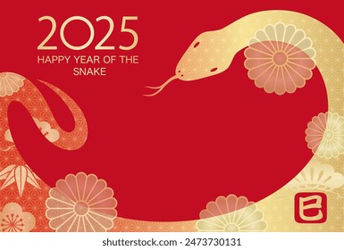 2025, Año De La Serpiente, Vector Plantilla De Tarjetas Del Año Nuevo Con Espacio De Texto Sobre Un Fondo Rojo. 