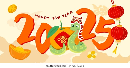 2025 year of the snake.chinese new year decoarion. 12 zodiac clip art, background, wallpaper. snake cartoon. gold ingot, coins, flower, lantern, cloud, mandarin. asia oriental traditional decoration.