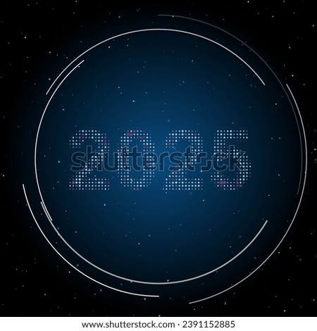 The 2025 year symbol filled with white dots. Pointillism style. Some dots is pink. Vector illustration on blue background with stars