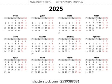 calendário anual turco de 2025 - takvim. Ilustração de vetor imprimível para a Turquia 