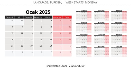 calendário turco de 2025. Coleta de 12 meses. Ilustração de vetor imprimível para a Turquia