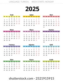 2025 year turkish calendar. Printable vector illustration for Turkey in multi  colors