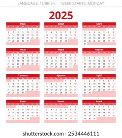 2025 year turkish calendar. Printable vector illustration for Turkey in red colors