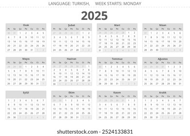 2025 year turkish calendar - takvim. Printable vector illustration for Turkey in grey colors