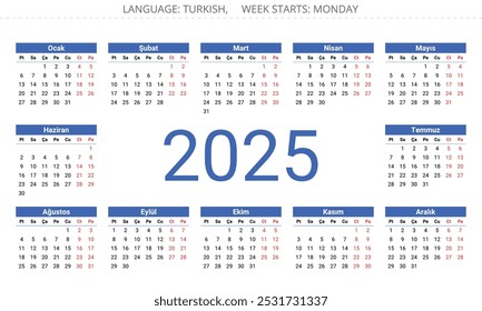 2025 year turkish calendar - takvim. Editable vector illustration for Turkey