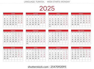 2025 year turkish calendar (takvim). Vector printable illustration for Turkey 