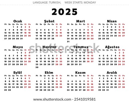 2025 year turkish calendar - takvim. Printable vector illustration for Turkey in black and red bolt colors. tk