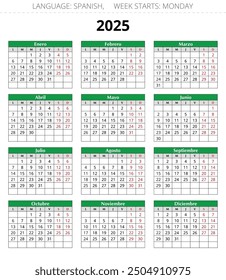 Vertical anual 2025 Calendario español. Ilustración verde de Vector imprimible para España