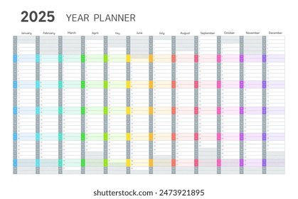 2025 year wall calendar, planner for daily and monthly agenda with rainbow colored weekend. Blank planner template for 2025 year with twelve months vertical grid, vector illustration