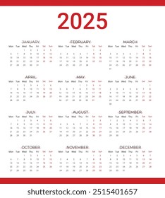 2025 Yearly Calendar, Simple  Clean Layout, Week Starts Monday	