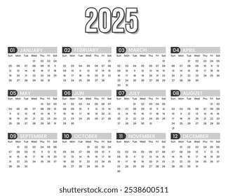 2025 Yearly Calendar in Simple Monochrome Design