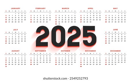 2025 yearly calendar template event planner vector 