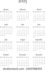 2025 yearly calendar template Monday start, 12 months simple minimalist vector planner in vertical portrait orientation