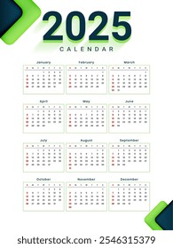 2025 yearly calendar template a printable design vector