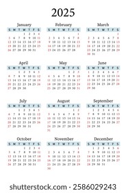 2025 Yearly Calendar Vector Vertical, Sunday Start, Clean Design, Printable Template