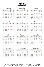 2025 Yearly Calendar Vector Vertical, Monday Start, Clean Design, Printable Template