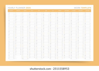 2025 Yearly Planner. Minimalist Work Template with Full Year Overview in Yellow and White.