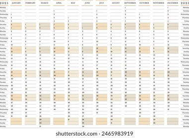 2025 calendario anual de la pared, 12 meses Grande planificador minimalista Lunes inicio en la Orientación Horizontal del paisaje