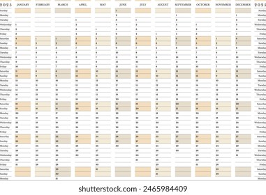 2025 calendario anual de la pared, 12 meses Grande planificador minimalista domingo inicio en la Orientación Horizontal del paisaje