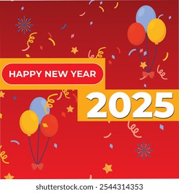 2025 yellow on New Year dark red  background with celebration elements like balloon confetti. Celebration New Year's Eve. Golden fireworks on dark night sky. eps vector format. happy new year 2025