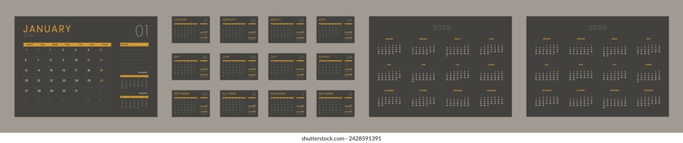 2025-2026 Calendar Planner Template. Isolated Vector layout horizontal calendar with week start Monday. Pages for size A4 or 21x29.7 cm in dark color.