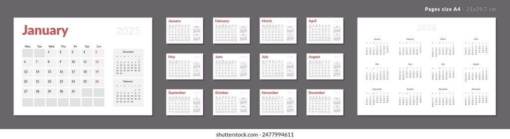 2025-2026 Calendar Planner Template. Vector layout of a wall or desk simple calendar with week start Monday. Calendar grid in grey color for print. Page for size A4 -21x29.7 cm