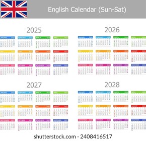 2025-2028 English Type-1 Calendar Sun-Sat on white background