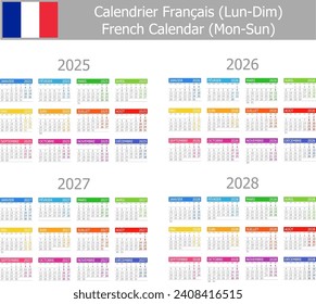 2025-2028 French Type-1 Calendar Mon-Sun on white background