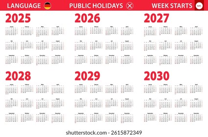 2025-2030 year calendar in German language, week starts from Sunday. Vector calendar.