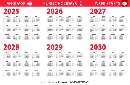 2025-2030 year calendar in Hungarian language, week starts from Sunday. Vector calendar.