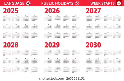 2025-2030 year calendar in Korean language, week starts from Sunday. Vector calendar.