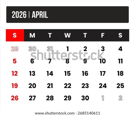 2026 (1 month april) universal calendar vector design, international format suitable for global use, modern minimal template for print and digital applications