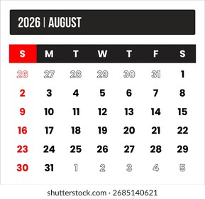 2026 (1 mes de agosto) Diseño de Vector de calendario universal, formato internacional adecuado para uso global, Plantilla mínima moderna para aplicaciones impresas y digitales