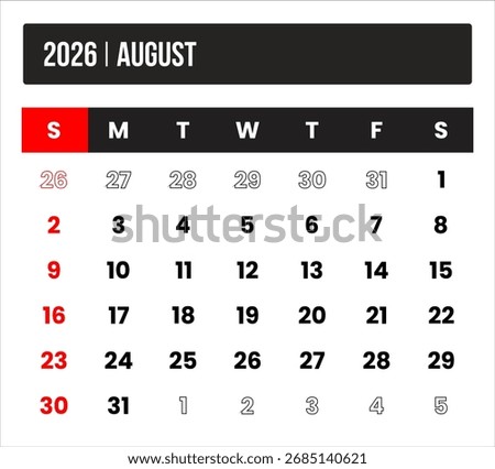 2026 (1 month august) universal calendar vector design, international format suitable for global use, modern minimal template for print and digital applications