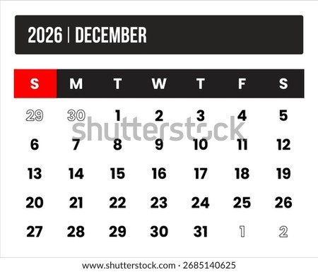 2026 (1 month december) universal calendar vector design, international format suitable for global use, modern minimal template for print and digital applications