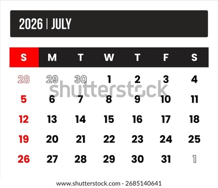 2026 (1 month july) universal calendar vector design, international format suitable for global use, modern minimal template for print and digital applications