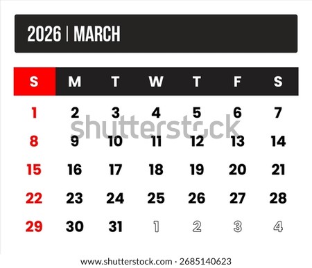 2026 (1 month march) universal calendar vector design, international format suitable for global use, modern minimal template for print and digital applications