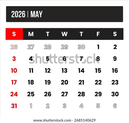 2026 (1 month may) universal calendar vector design, international format suitable for global use, modern minimal template for print and digital applications